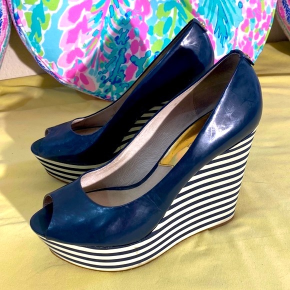 MICHAEL Michael Kors Shoes - Michael Kors navy blue platform wedges with navy and white striped wedges